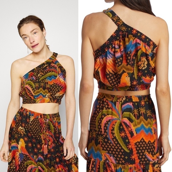 NWT FARM RIO Linen Tropical Faux Embroidery Sleeveless One Shoulder Crop Top S - Picture 9 of 16